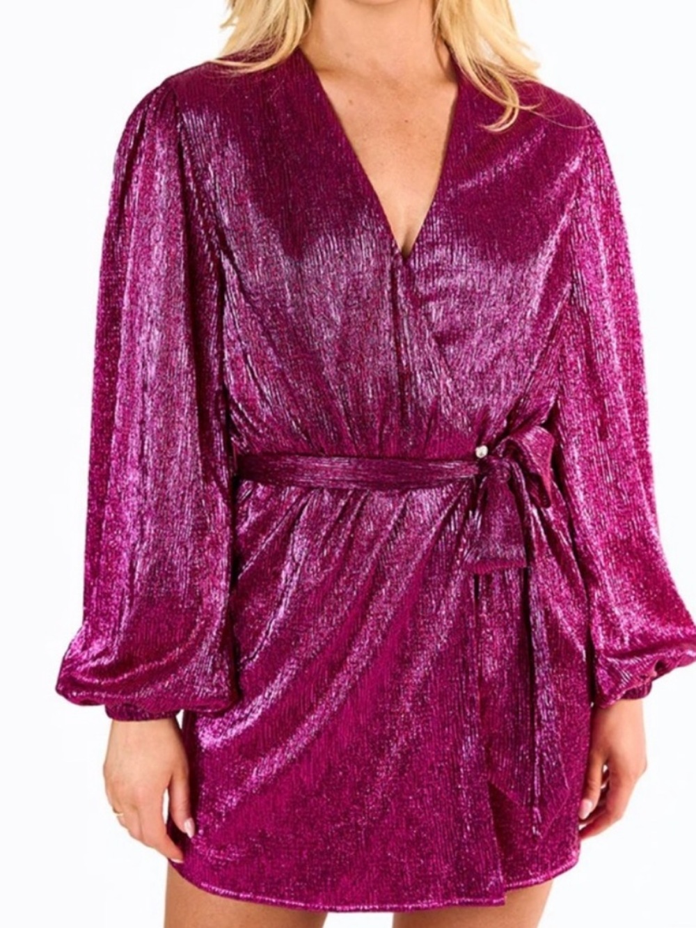 NEW Buddy Love Adeline Pink Wrap Dress V-Neck Tie Waist Balloon Sleeve Small